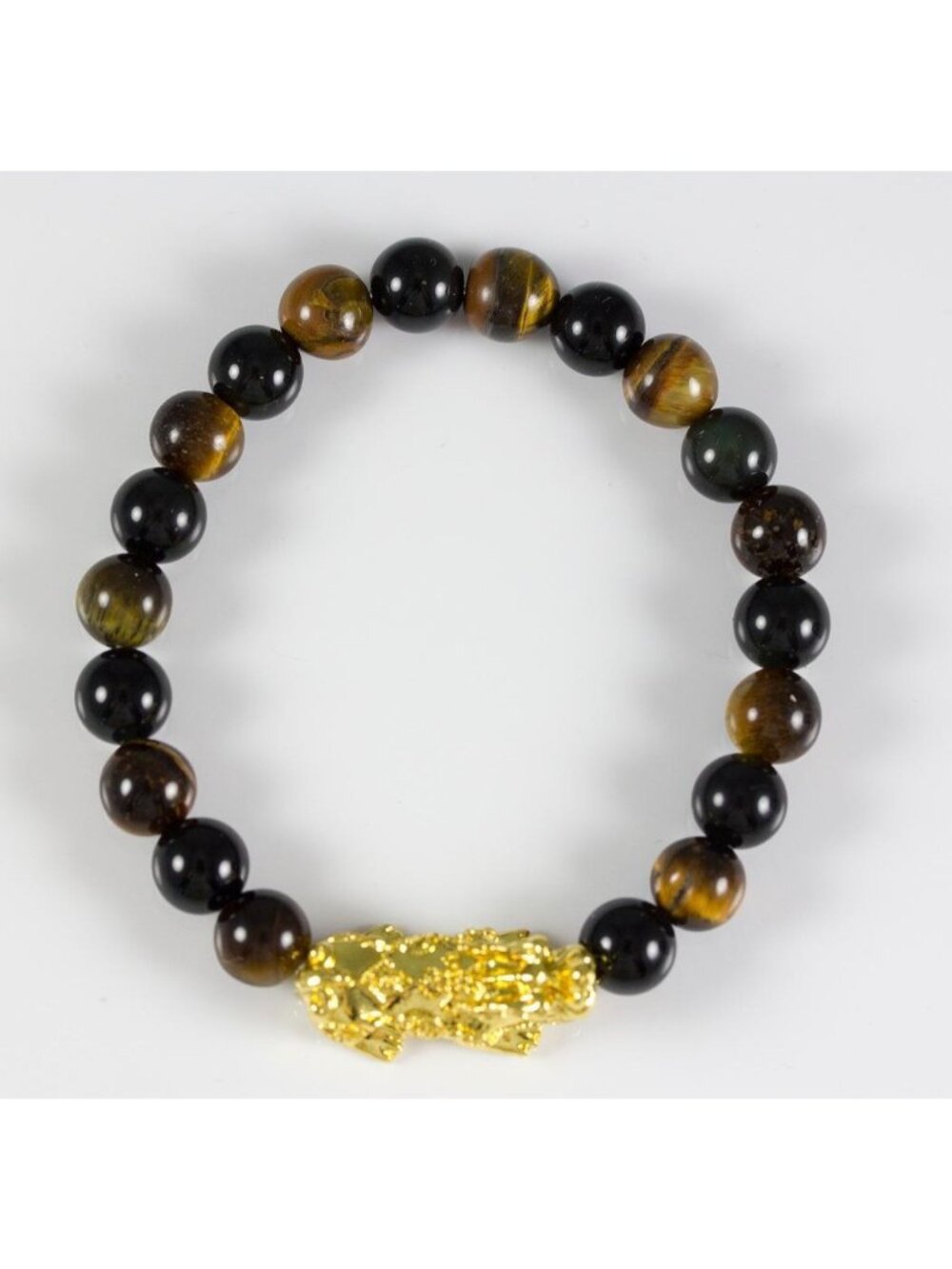 Tiger's Eye Wealth Good Luck Pixiu Bracelet 8mm Round Beads Stretch Gold-Tone